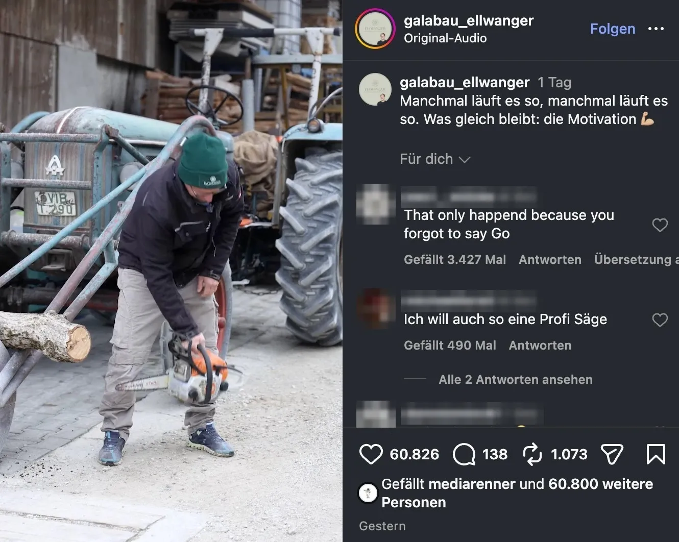 Screenshot: Das virale Reel: Motorsäge springt nicht an auf Instagram